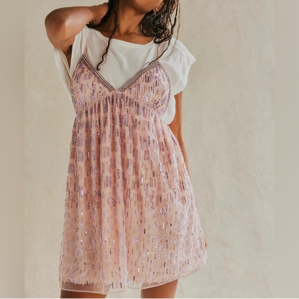 NEW FREE PEOPLE Dance Party Mini Dress Embellished beaded parfait pink combo L - Picture 2 of 5